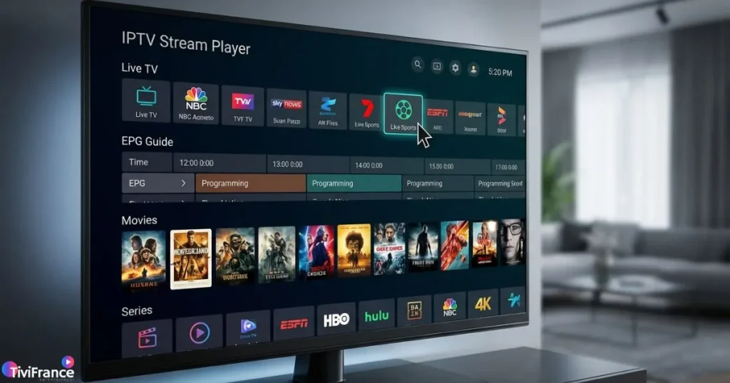 Interface du lecteur IPTV Smart TV avec IPTV Stream Player sur écran connecté