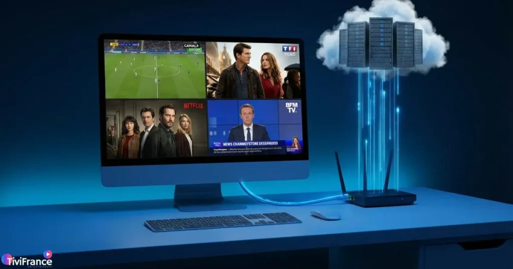 IPTV sur ordinateur avec accès aux chaînes TV et contenus à la demande