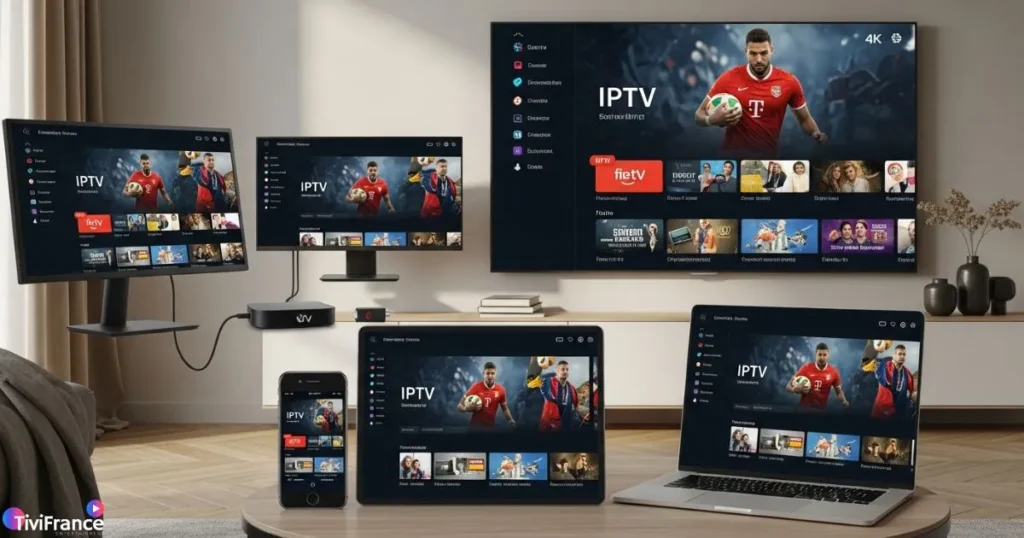 Illustration multi-appareils montrant comment fonctionne un abonnement iptv belgique fiable sur TV, mobile et tablette.
