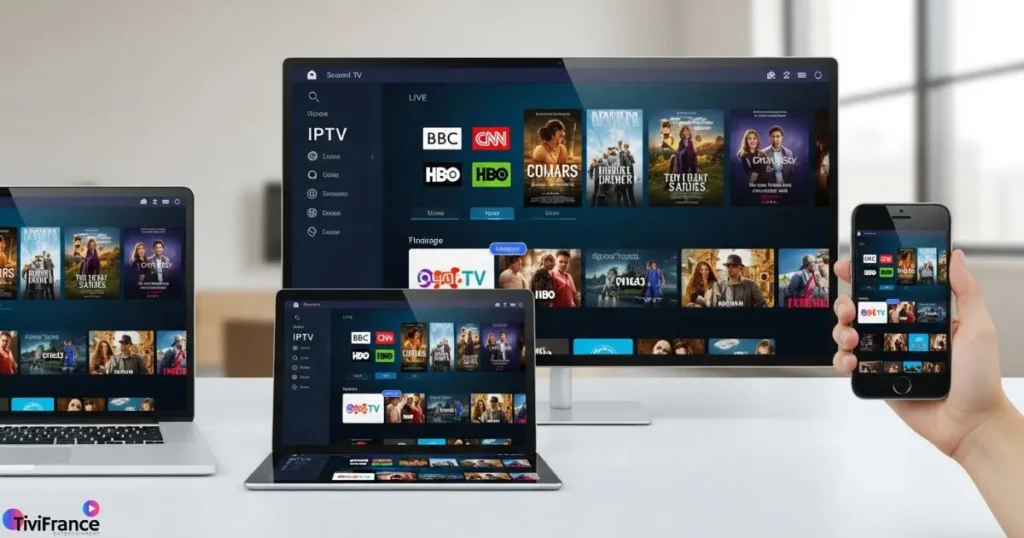 Interfaces multi-écrans illustrant la flexibilité d’un abonnement TV en ligne en France