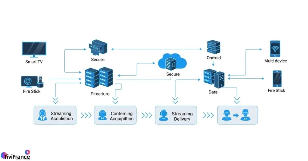 Schéma illustrant le fonctionnement d’une agence IPTV fiable avec serveurs et appareils connectés
