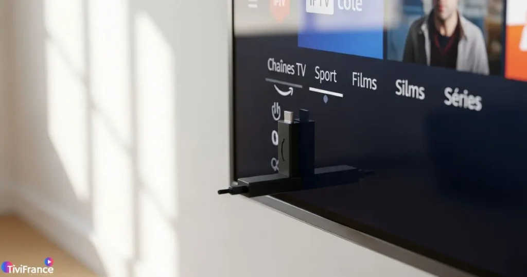 IPTV on Amazon Stick avec Fire TV Stick connecté à une télévision moderne