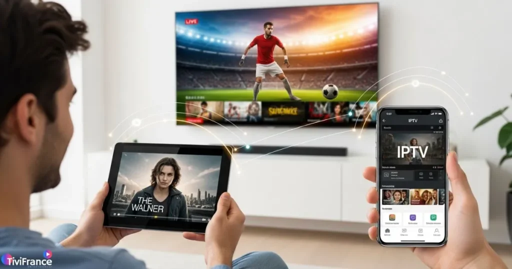 Utilisateur profitant d’un abonnement IPTV pas cher et IPTV multi-appareils sur TV, tablette et smartphone.