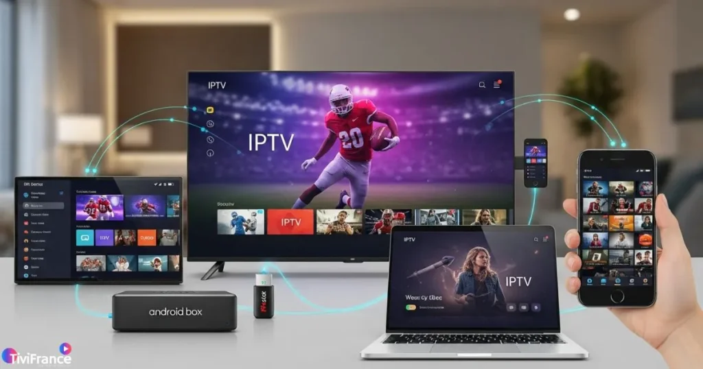 Différents appareils affichant un abonnement iptv premium pour une expérience IPTV haute qualité