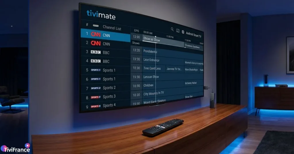 Illustration montrant comment installer IPTV Tivimate sur Android TV pour une expérience TV premium.