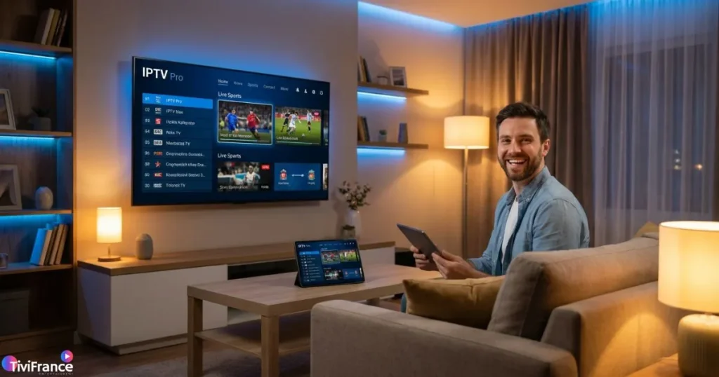 Image illustrant un utilisateur profitant d’un service IPTV installé correctement sur plusieurs appareils.
