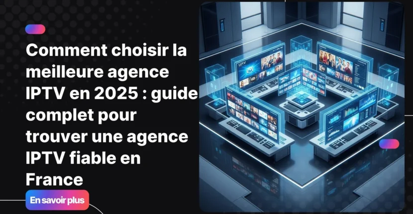 Centre moderne illustrant la meilleure agence IPTV avec écrans holographiques et interface premium