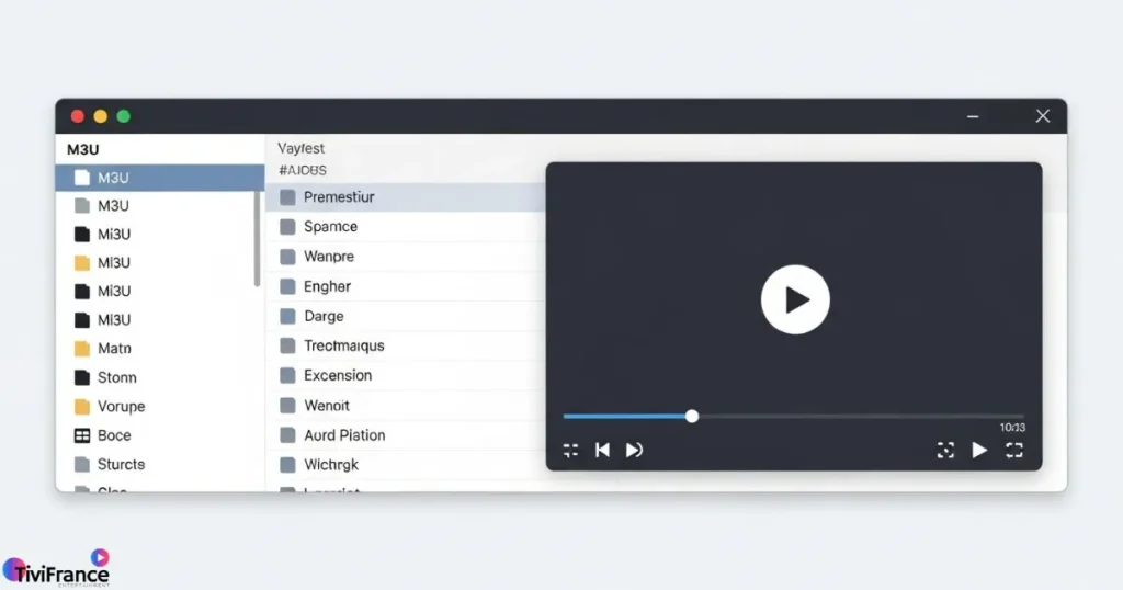 Tutoriel IPTV VLC montrant une playlist M3U VLC ouverte sur un ordinateur.