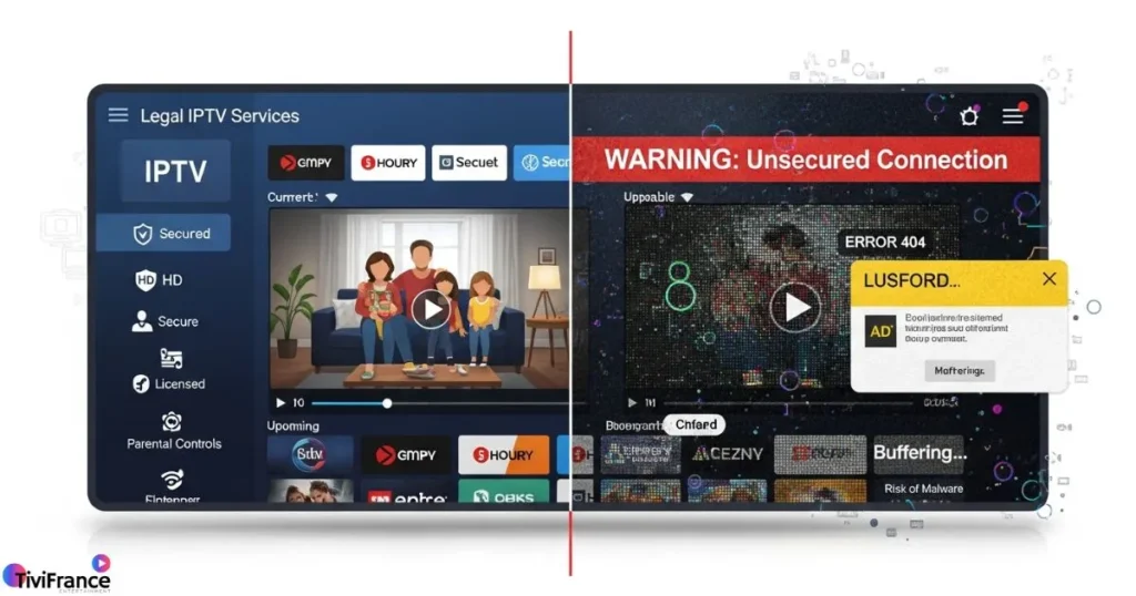 Comparatif visuel entre iptv belgique légal et flux illégaux pour expliquer les différences de fiabilité.