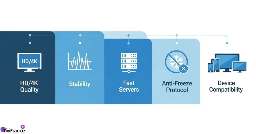 Schéma clair présentant les critères techniques du meilleur abonnement IPTV