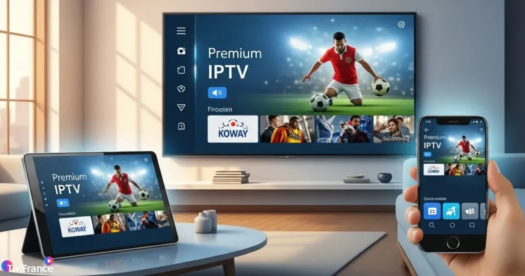 Abonnement iptv pro affiché sur plusieurs appareils simultanément, démontrant la compatibilité IPTV multi appareils.