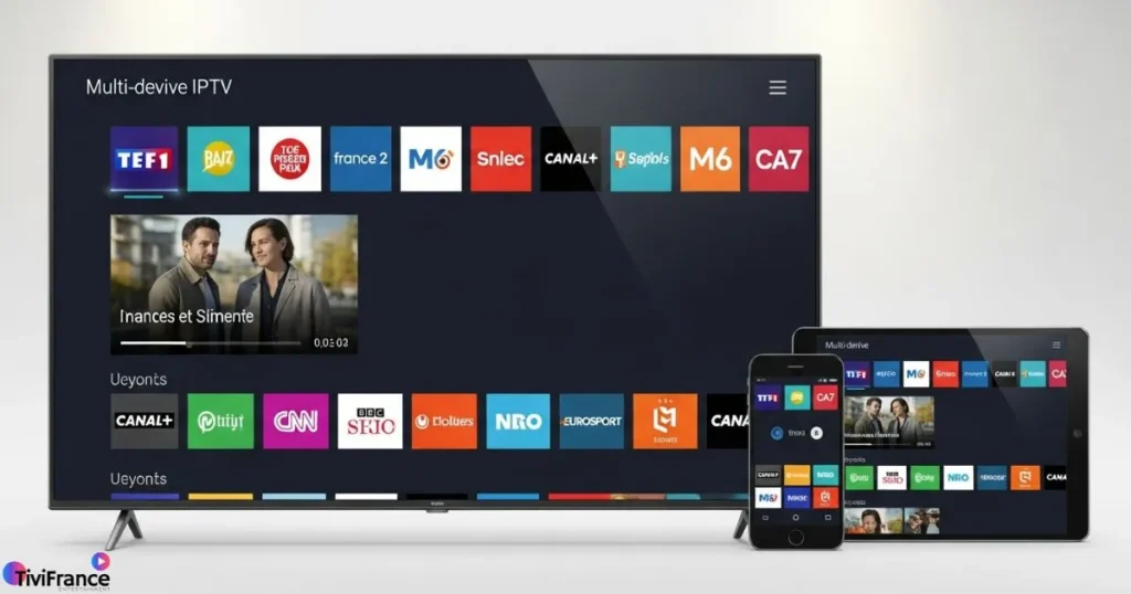 Interface IPTV multi appareils illustrant un abonnement iptv pro stable et premium sur Smart TV, smartphone et tablette.