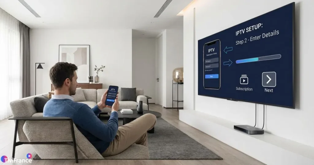 Utilisateur configurant une application iptv android sur Android TV et smartphone pour profiter de TiviFrance