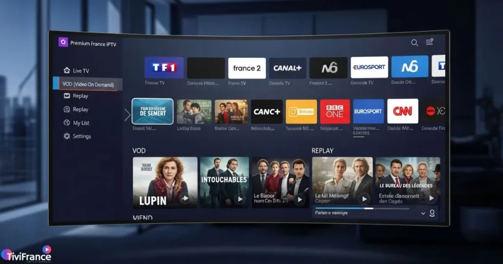 Interface d’un abonnement IPTV France premium avec chaînes HD et VOD multi-appareils.