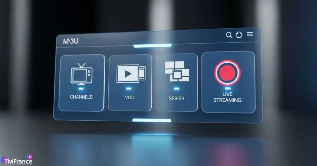 Illustration moderne d’une playlist M3U utilisée dans un abonnement IPTV France.