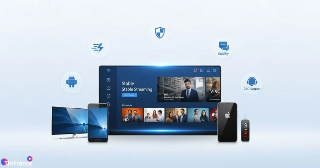Interface moderne montrant les avantages d’un abonnement IPTV TiviFrance
