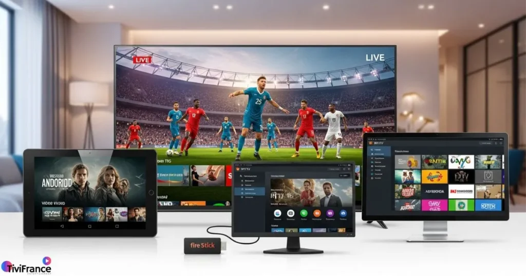 IPTV HD multi-appareils sur Smart TV, Android, Fire Stick et PC montrant la flexibilité d’un abonnement IPTV France premium.