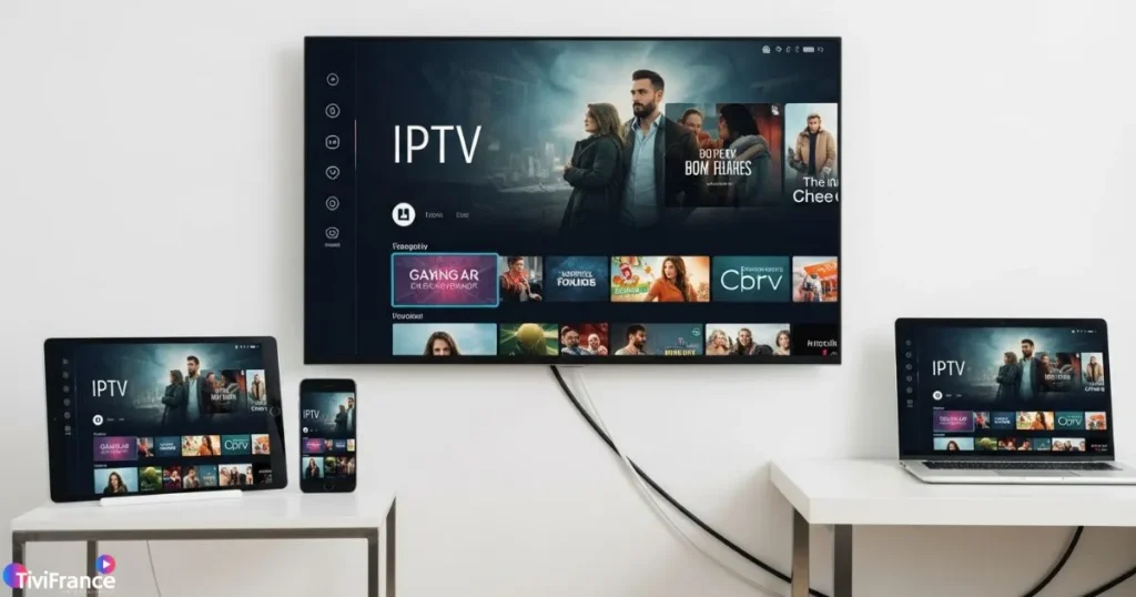 Configuration IPTV multi-appareils affichant un streaming IPTV HD