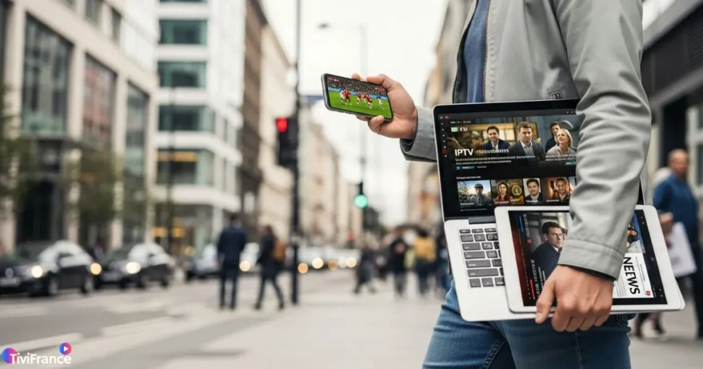 IPTV sur smartphone, TV et PC, montrant la flexibilité et l’accessibilité de l’iptv sur plusieurs appareils.