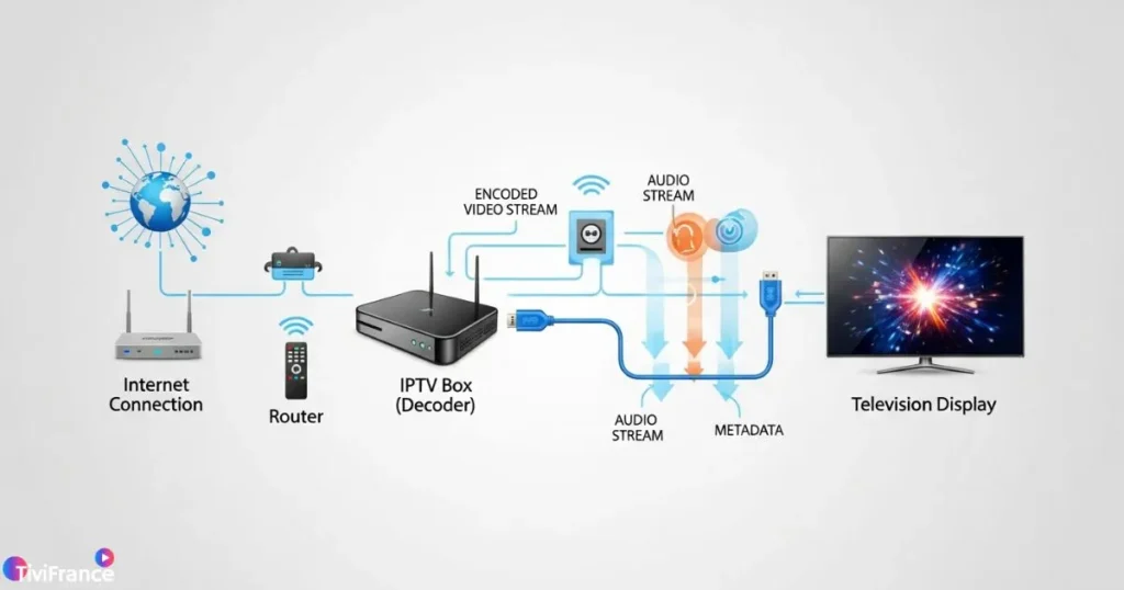 Fonctionnement d’un décodeur IPTV connecté à Internet et à une télévision