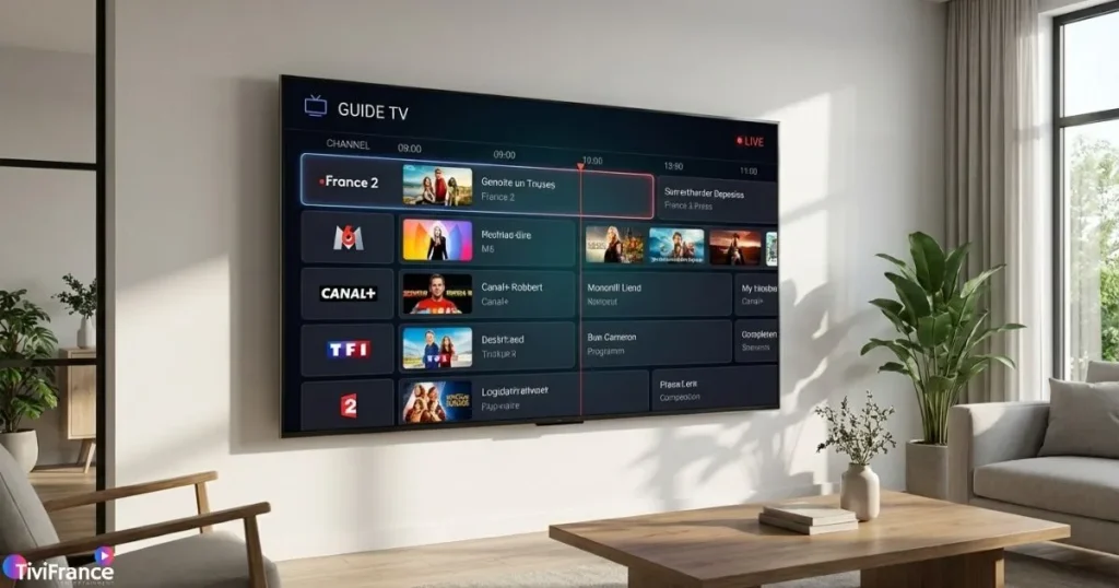 Affichage clair d’un electronic program guide iptv sur une smart TV avec grille des programmes tv iptv