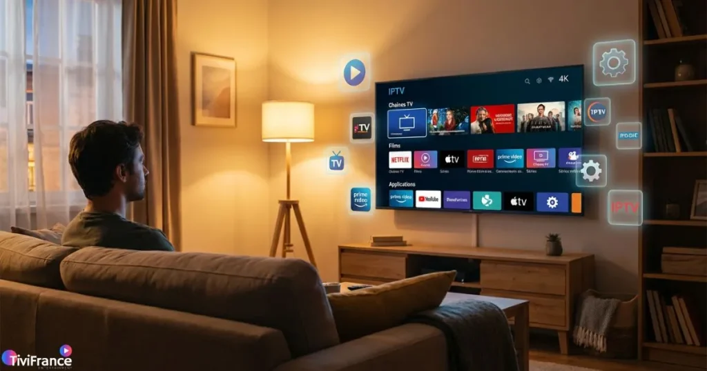 Spectateur profitant de contenus en 4K sur un boitier pour IPTV avec des applications de streaming