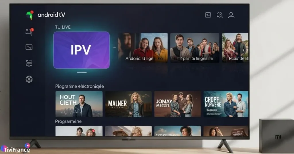 Interface android tv iptv affichée sur une Mi Box connectée à un téléviseur