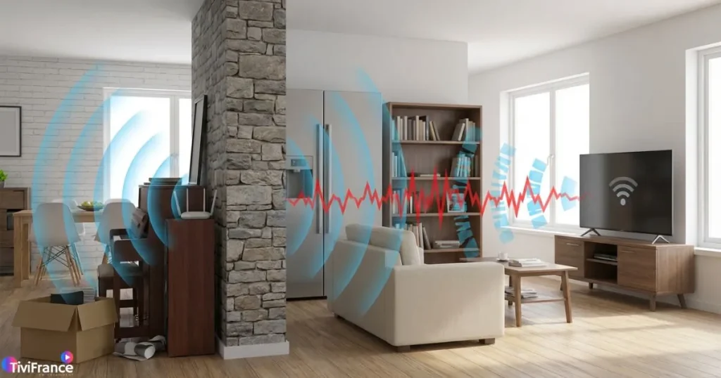 Illustration montrant un problème iptv wifi causé par un signal sans fil affaibli dans un logement
