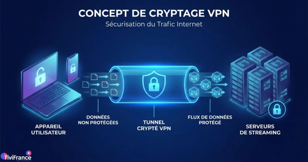 Schéma de fonctionnement du VPN IPTV protégeant la confidentialité IPTV lors du streaming