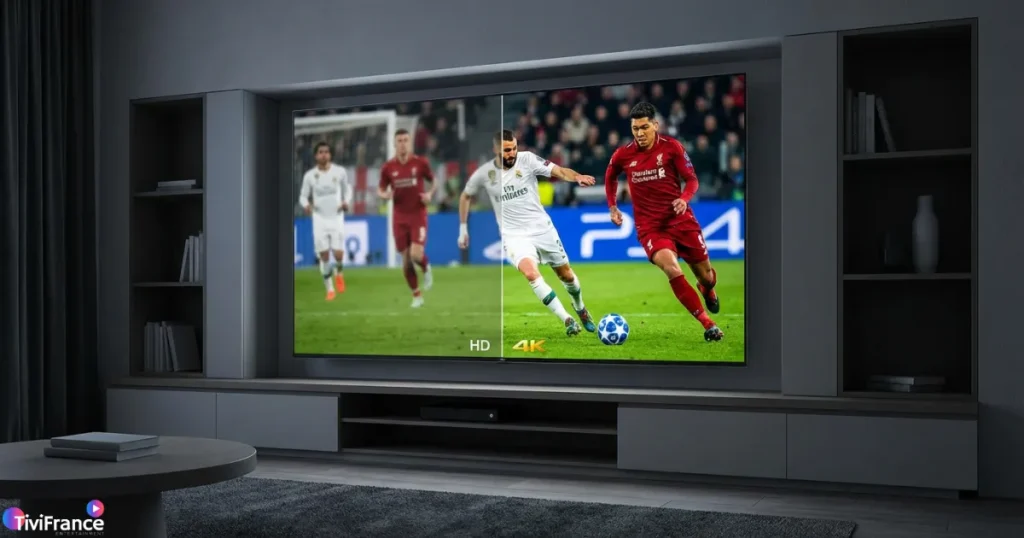 Comparaison visuelle entre qualité HD et abonnement iptv 4k sur télévision moderne