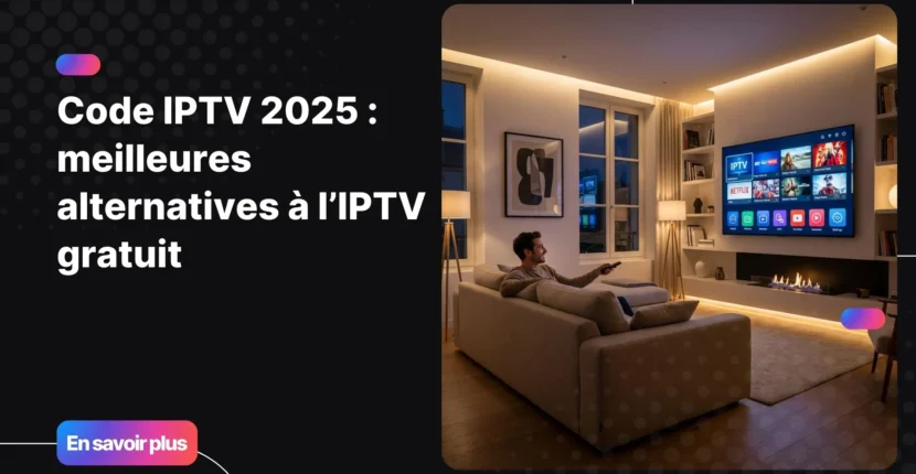 Salon moderne avec télévision affichant des chaînes IPTV, alternative stable au code iptv gratuit 2025