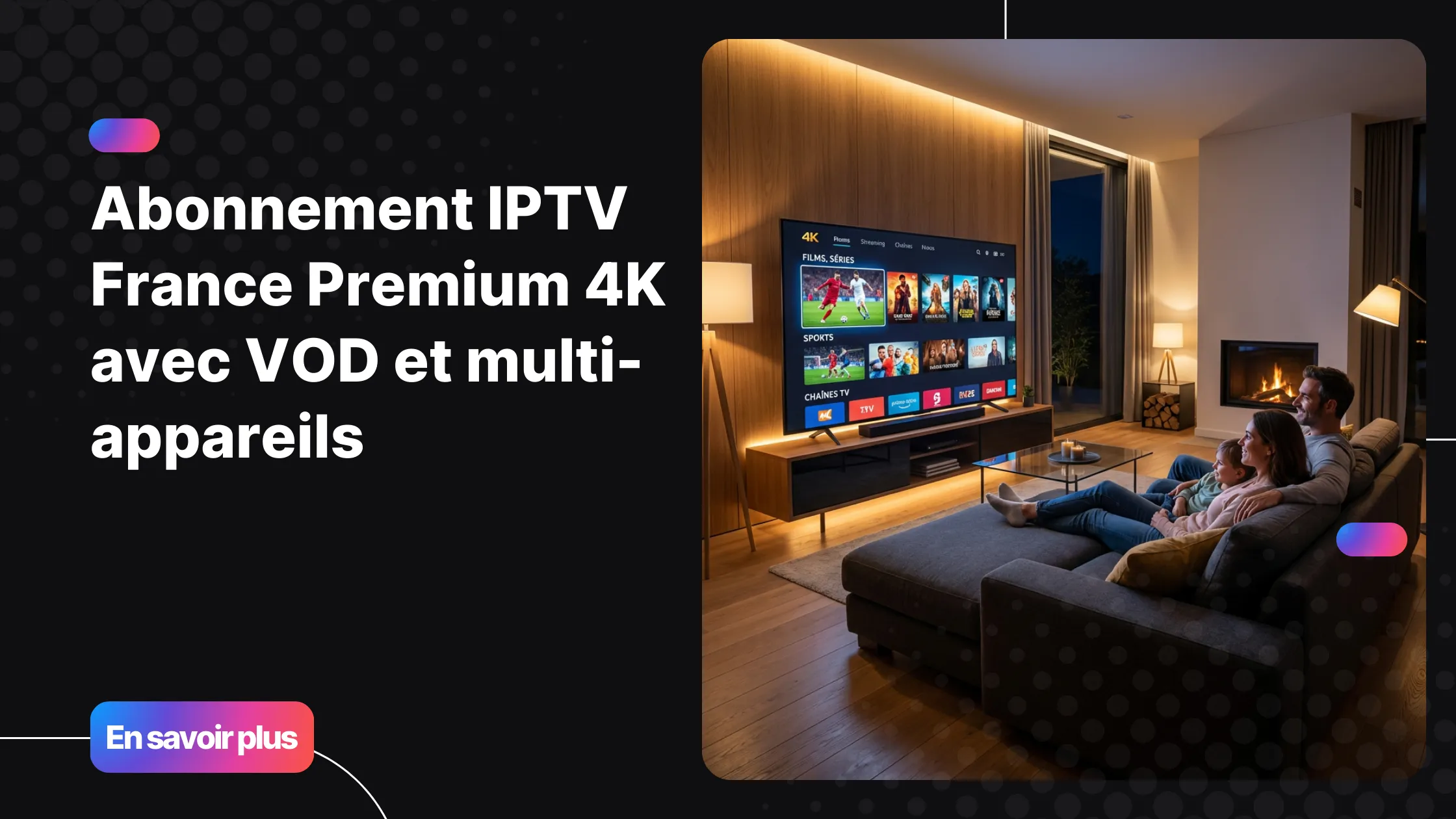 Expérience de visionnage en iptv premium 4k sur Smart TV dans un salon moderne