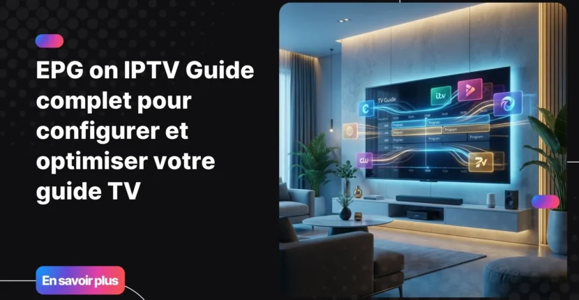 Interface moderne de guide tv iptv affichée sur une télévision connectée avec programmes organisés et navigation intuitive
