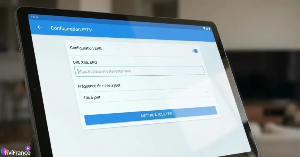 Écran de configuration epg xml dans une application IPTV pour optimiser la configuration epg on iptv