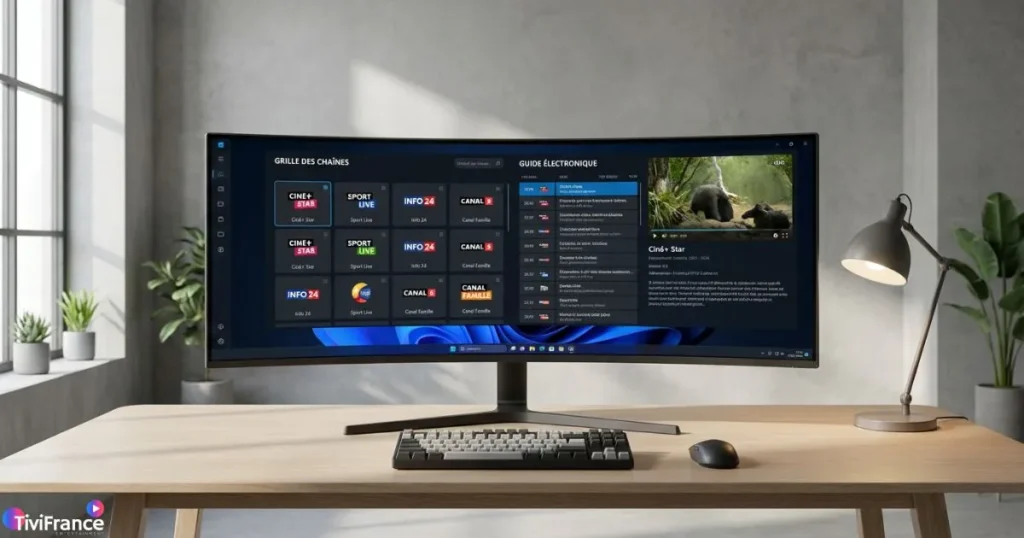 Application IPTV PC affichée sur un écran Windows pour regarder l’IPTV sur ordinateur avec interface fluide