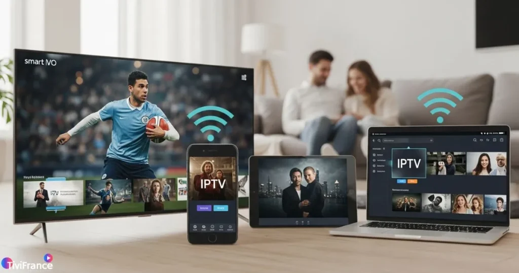 Configuration IPTV sur plusieurs écrans illustrant l’IPTV multi-appareils et la stabilité du streaming