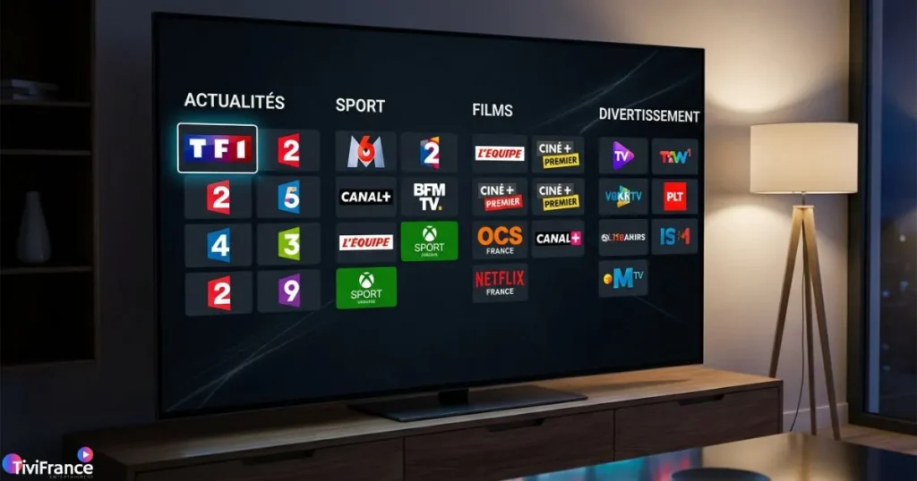 Interface IPTV affichant plusieurs chaînes françaises avec abonnement IPTV France multi-chaînes, IPTV France, chaînes françaises