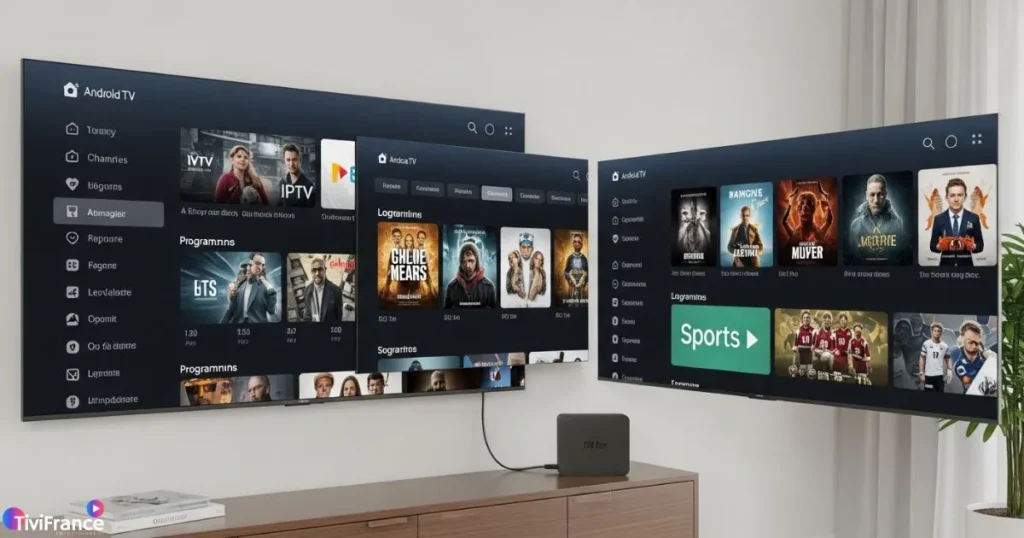 Exemple de mi box iptv app avec différentes interfaces de lecture