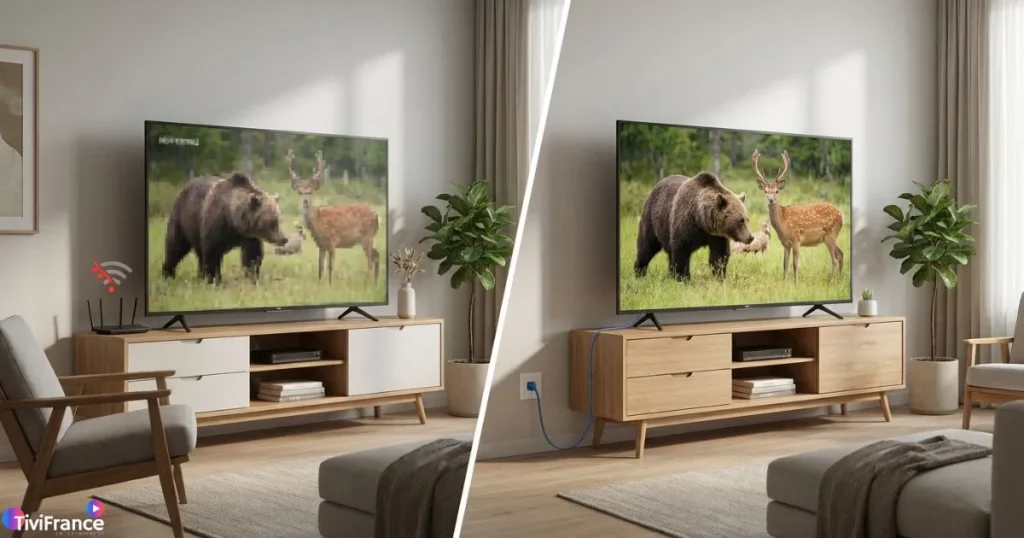 Comparaison visuelle entre WiFi instable et câble Ethernet pour une solution iptv wifi plus stable