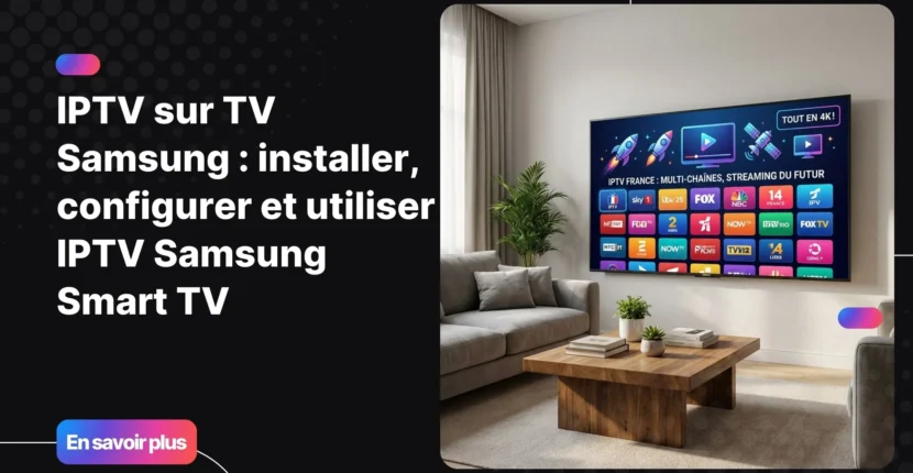 Interface IPTV sur TV Samsung Smart TV affichant plusieurs chaînes en direct, illustration moderne et attrayante pour l’IPTV sur TV Samsung