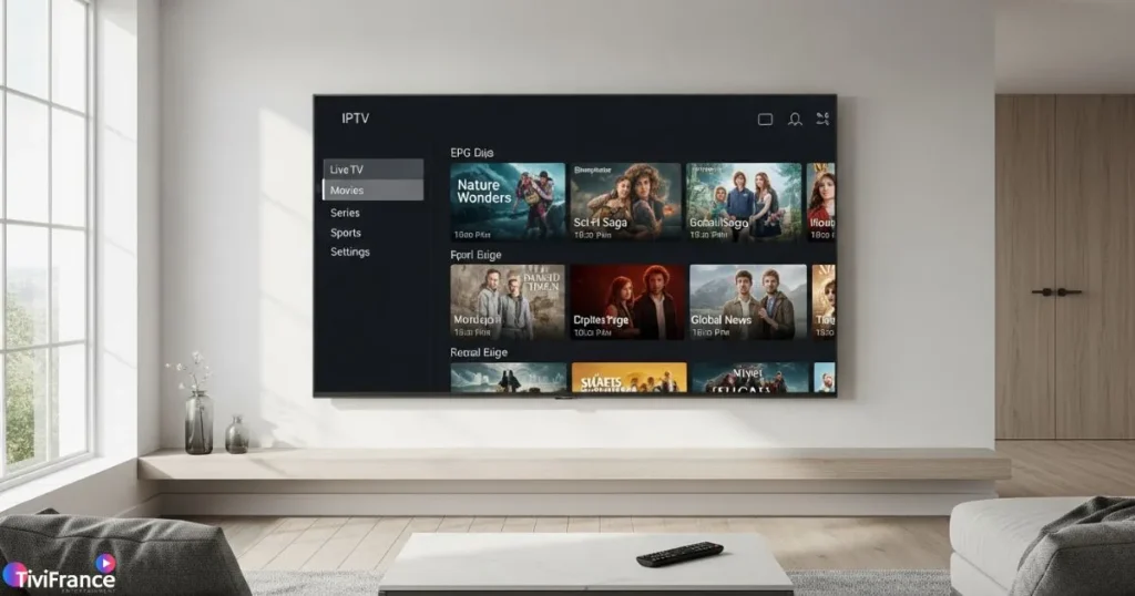 Interface claire de la meilleur app iptv android optimisée pour Android TV