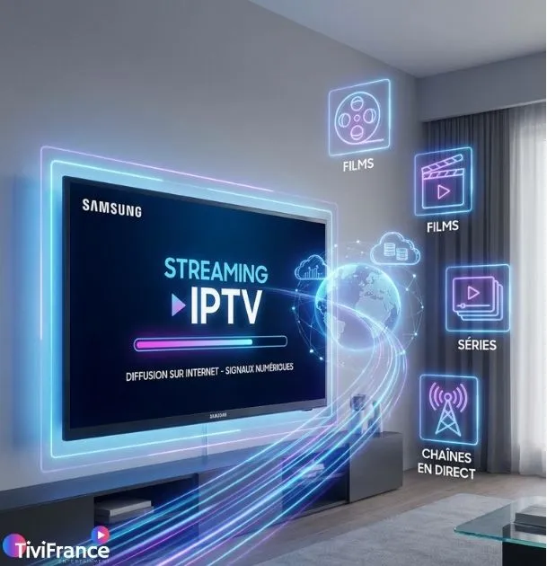 Schéma illustrant l’IPTV sur Smart TV Samsung avec chaînes en direct et contenus à la demande