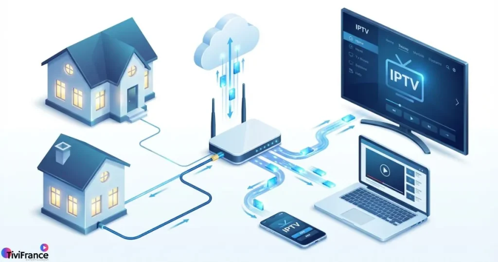 Schéma explicatif du fonctionnement de l’iptv france et de la diffusion via Internet.