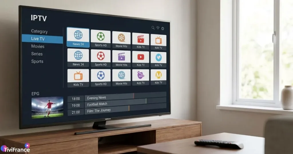 Application iptv samsung smart tv affichée sur un écran moderne dans un salon