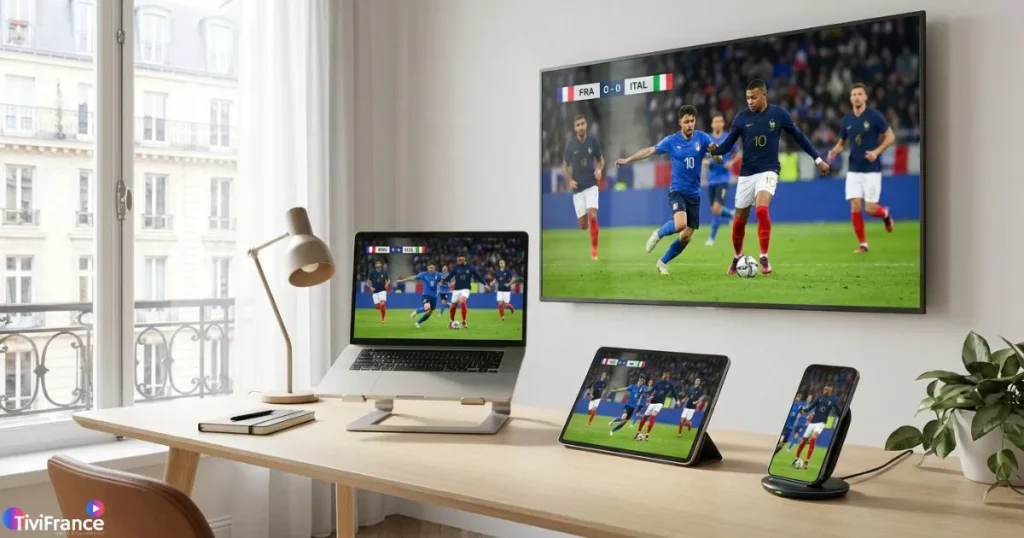 IPTV multi-appareils permettant de regarder le football sur TV, ordinateur et smartphone simultanément.