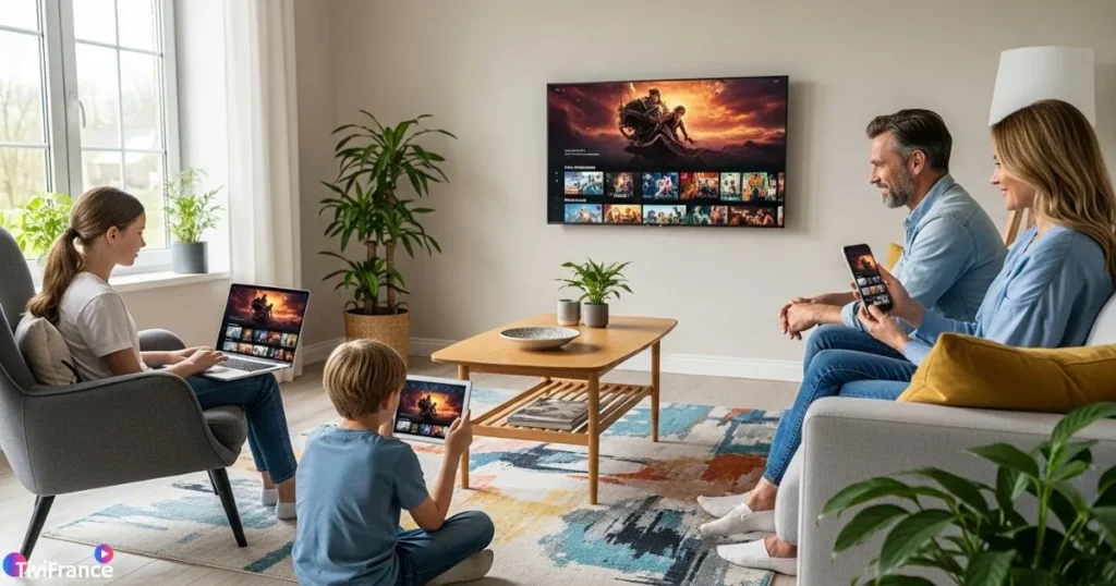 Utilisation iptv multi appareils dans un salon connecté moderne