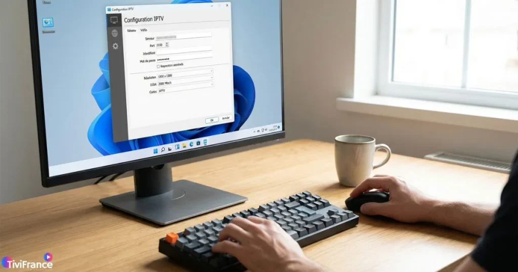 Écran de configuration IPTV PC avec réglages réseau et vidéo sur ordinateur