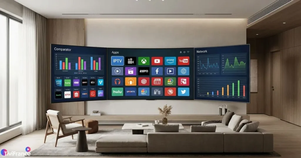 Comparaison visuelle montrant la compatibilité iptv samsung compatibilité sur écran TV