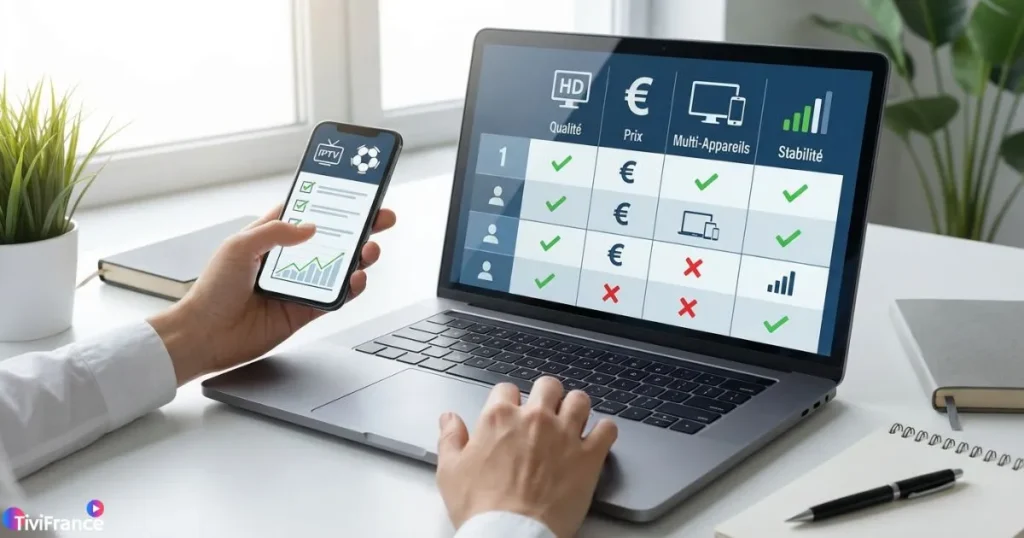 Comparaison des abonnements IPTV football avec des critères comme qualité, prix et compatibilité multi-appareils.