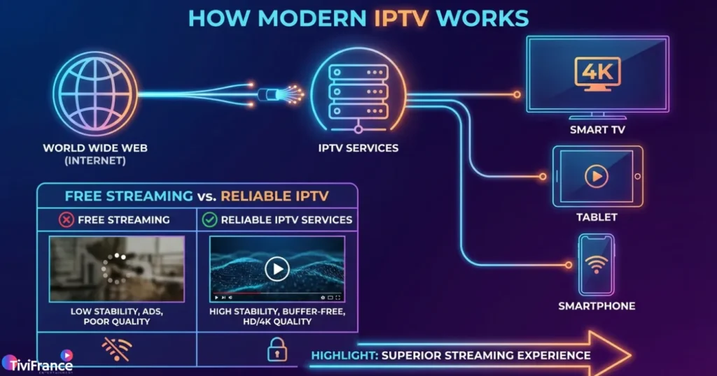 Illustration expliquant le fonctionnement d’un service IPTV fiable et la meilleure IPTV France.